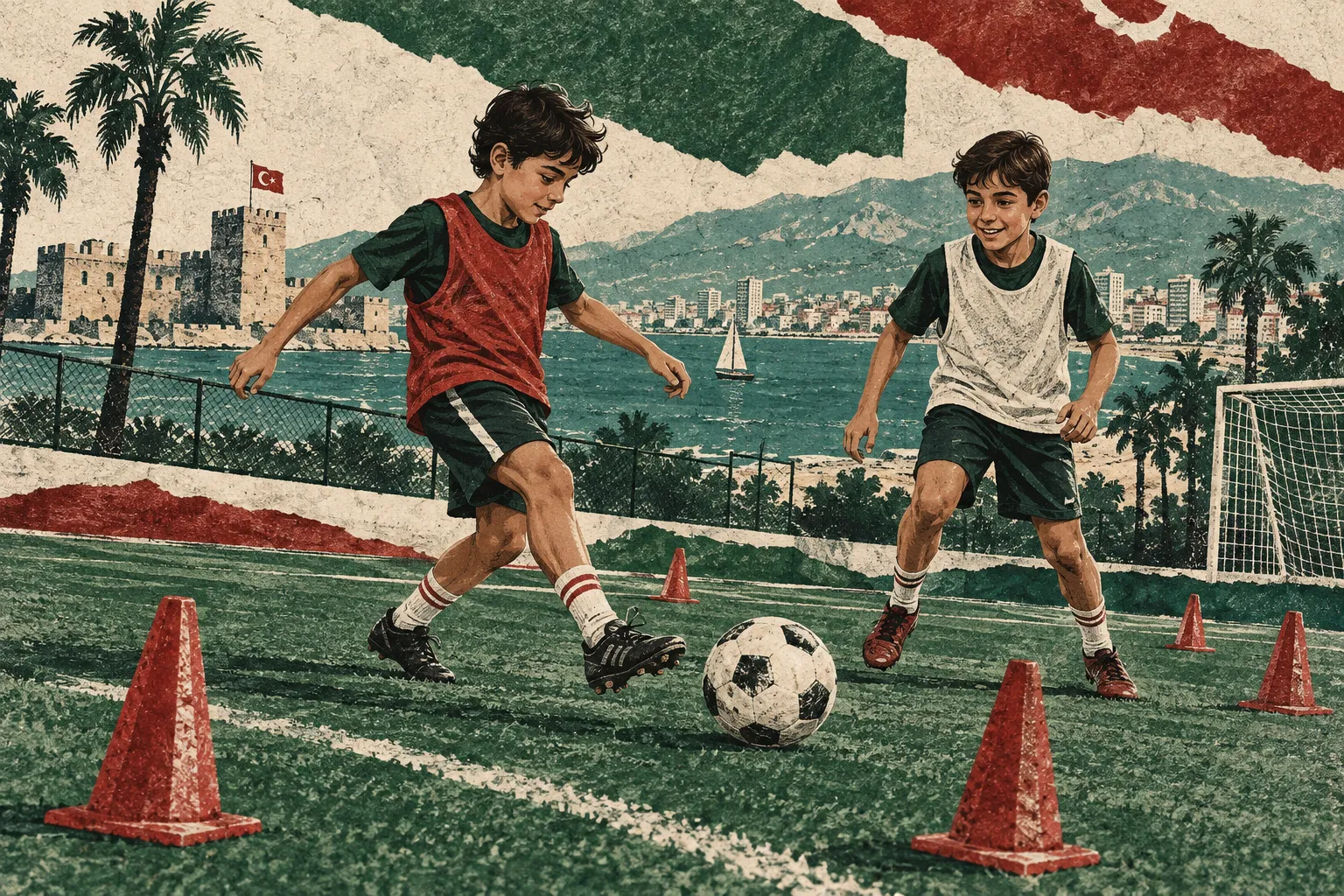 Futbol antrenmanında pas çalışması yapan çocuklar